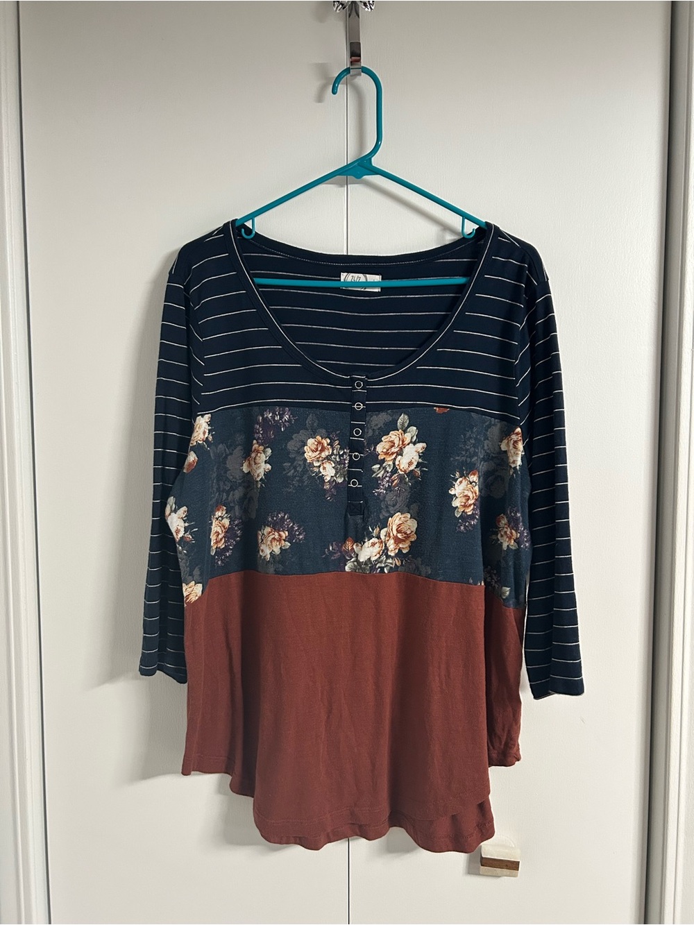 Maurices Navy Striped Floral Rust Colorblock Scoop Neck Top